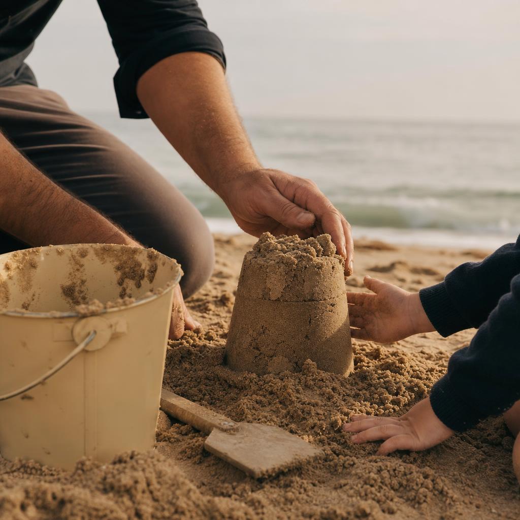 Adult and child hands shaping a sandcastle beside a bucket and spade on the beach.