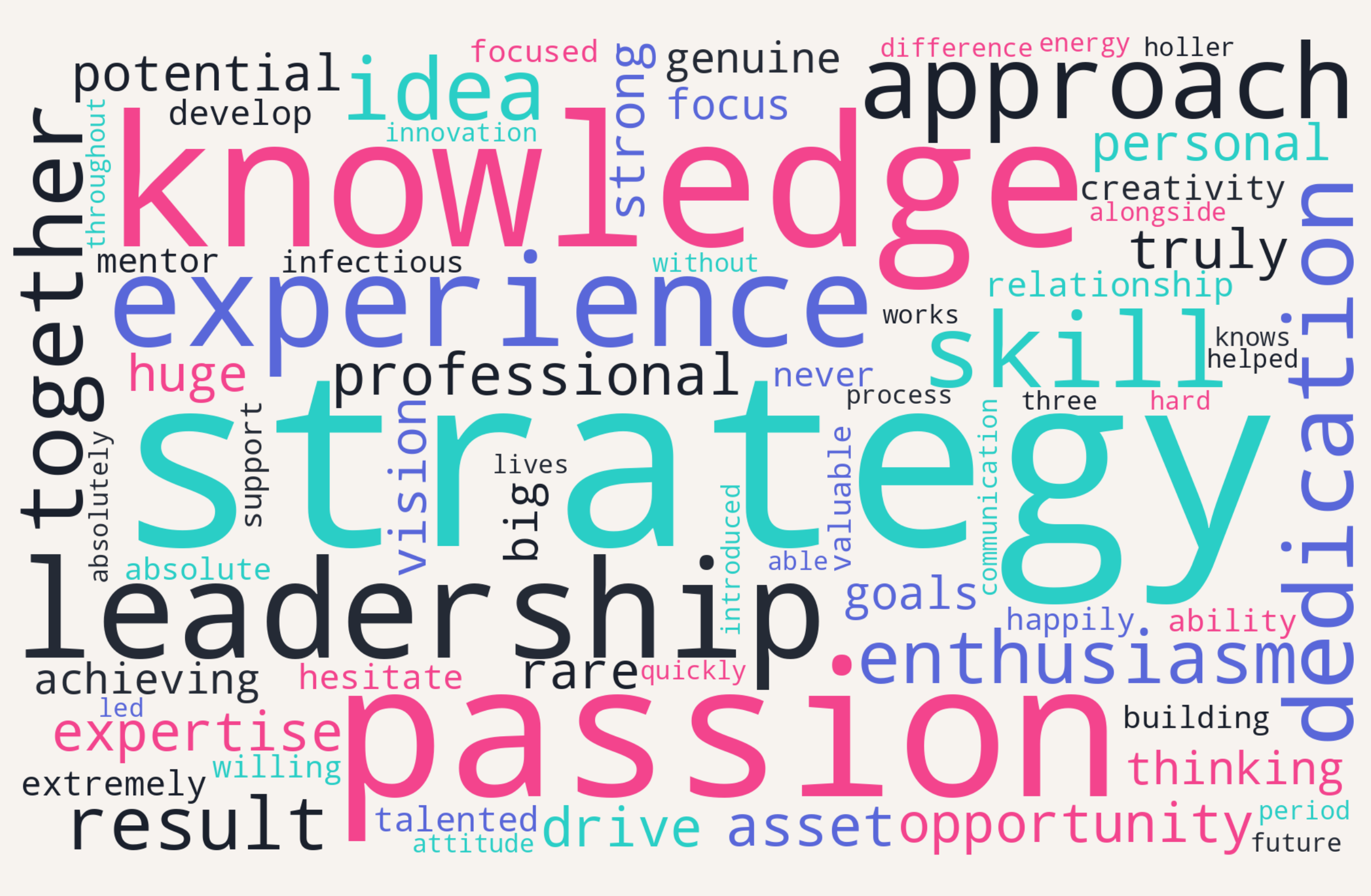 Word cloud from all 53 LinkedIn recommendations, with strategy, knowledge, passion, leadership, experience and skill among the most prominent words.